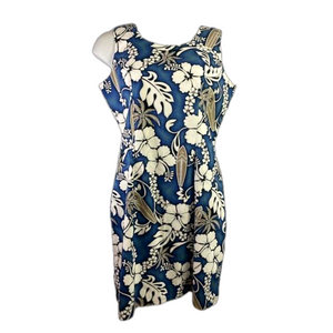 KY’S BLUE & WHITE HIBISCUS & SURFBOARD MIDI TANK HAWAIIAN DRESS SKU0505